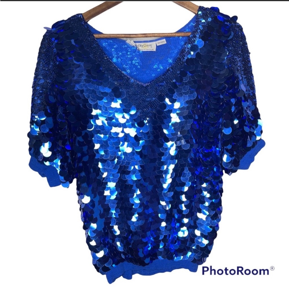 Vintage Oleg Cassini silk and sequin beaded royal cobalt blue top M